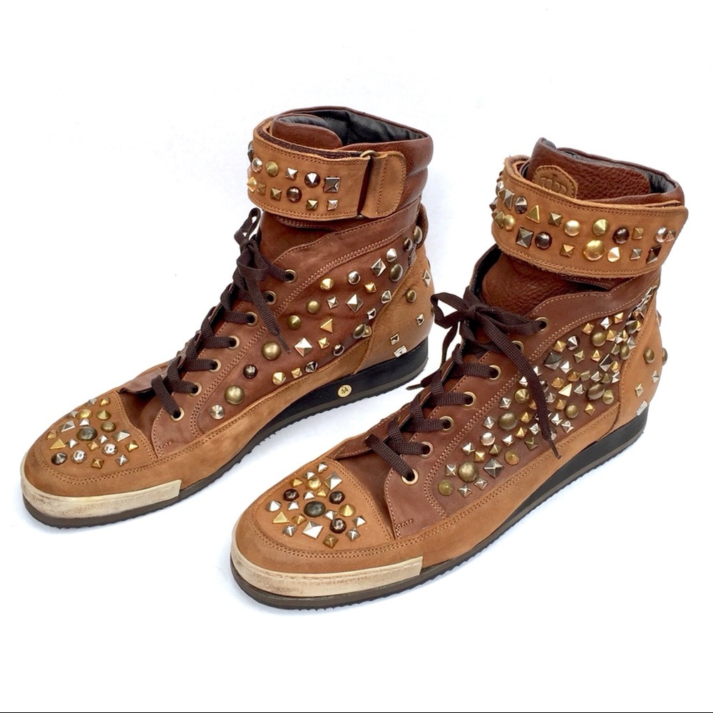 Studded suede and leather ankle boots